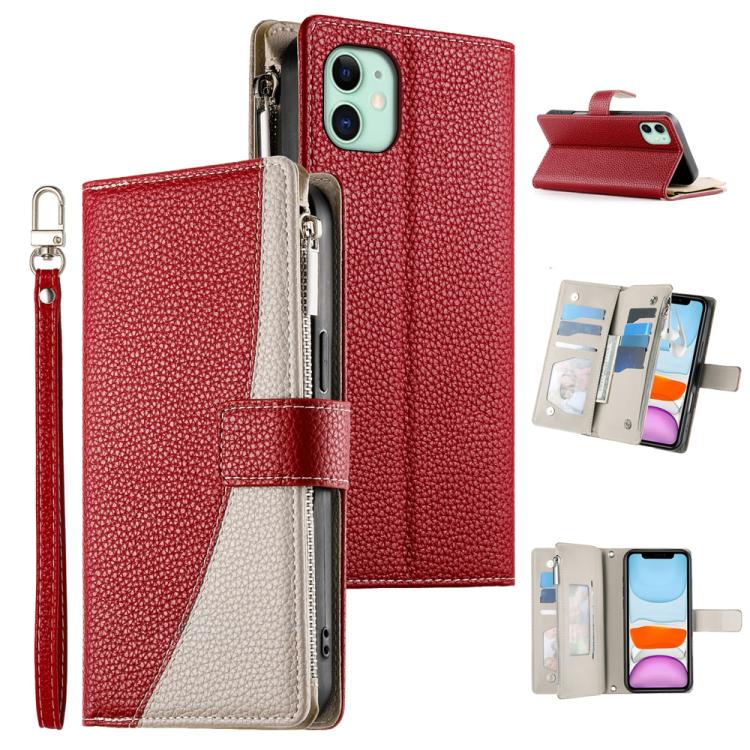 

For iPhone 11 Stitching Multi-card Zipper Wallet Leather Phone Case with Short Strap(Red)