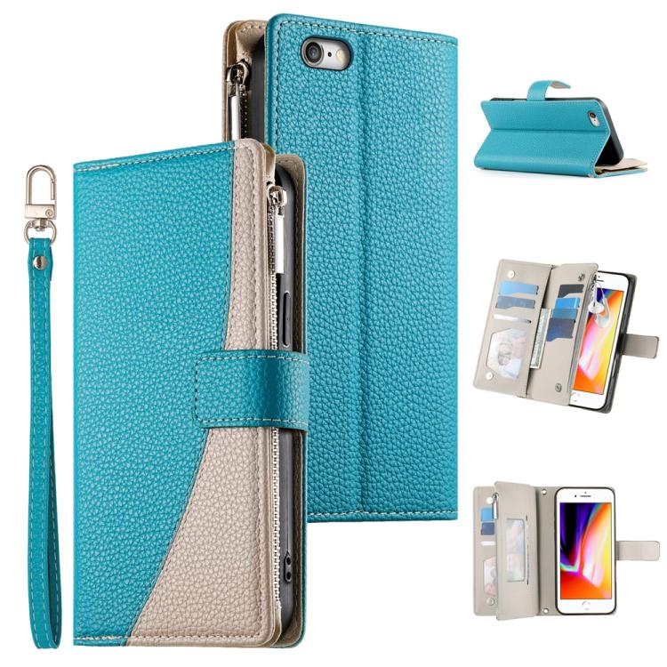 

For iPhone SE 2022 / SE 2020 / 8 / 7 Stitching Multi-card Zipper Wallet Leather Phone Case with Short Strap(Blue)