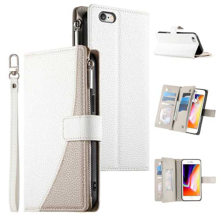 

For iPhone SE 2022 / SE 2020 / 8 / 7 Stitching Multi-card Zipper Wallet Leather Phone Case with Short Strap(White)
