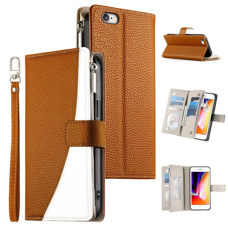 

For iPhone 8 Plus / 7 Plus Stitching Multi-card Zipper Wallet Leather Phone Case with Short Strap(Brown)