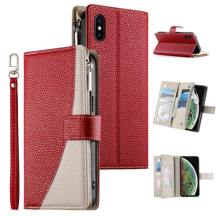 

For iPhone X / XS Stitching Multi-card Zipper Wallet Leather Phone Case with Short Strap(Red)