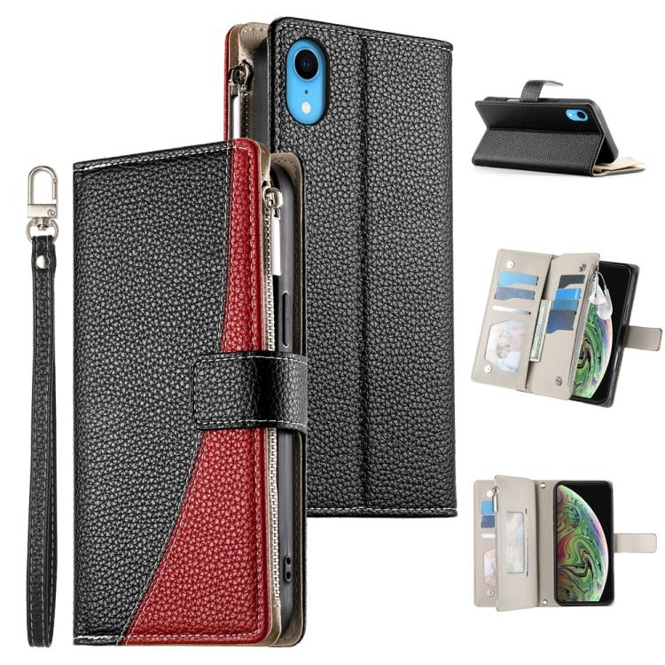 

For iPhone XR Stitching Multi-card Zipper Wallet Leather Phone Case with Short Strap(Black)