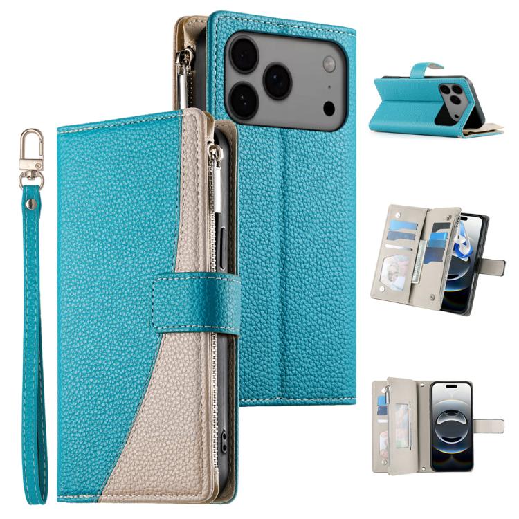 

For iPhone 17 Pro Max Stitching Multi-card Zipper Wallet Leather Phone Case with Short Strap(Blue)