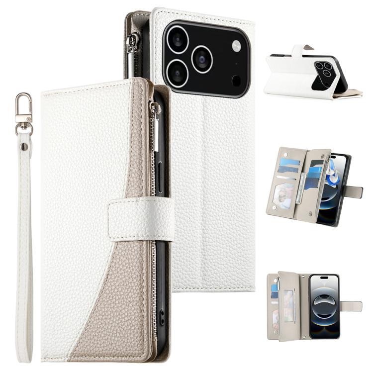 

For iPhone 17 Pro Stitching Multi-card Zipper Wallet Leather Phone Case with Short Strap(White)