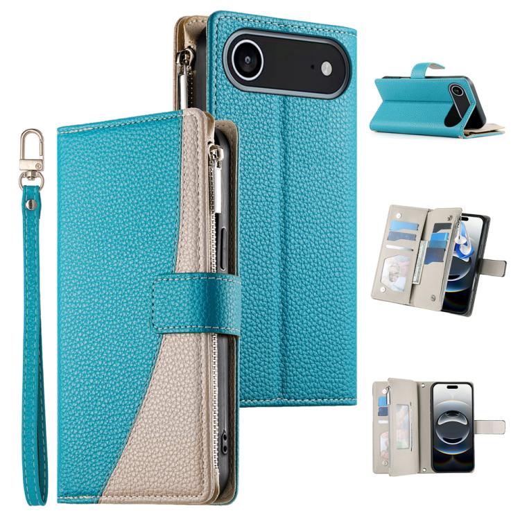 

For iPhone 17 Air Stitching Multi-card Zipper Wallet Leather Phone Case with Short Strap(Blue)