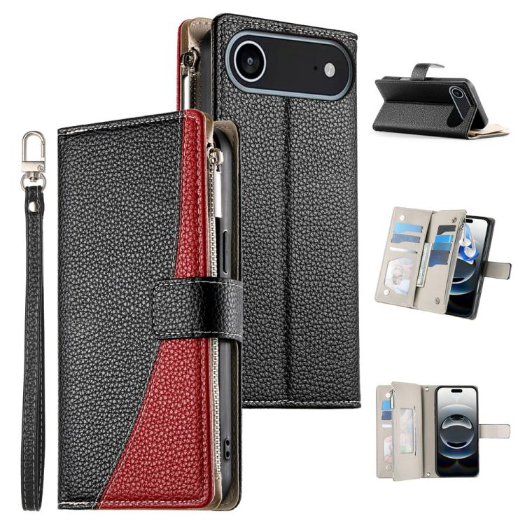 

For iPhone 17 Air Stitching Multi-card Zipper Wallet Leather Phone Case with Short Strap(Black)