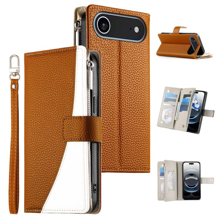 

For iPhone 17 Air Stitching Multi-card Zipper Wallet Leather Phone Case with Short Strap(Brown)