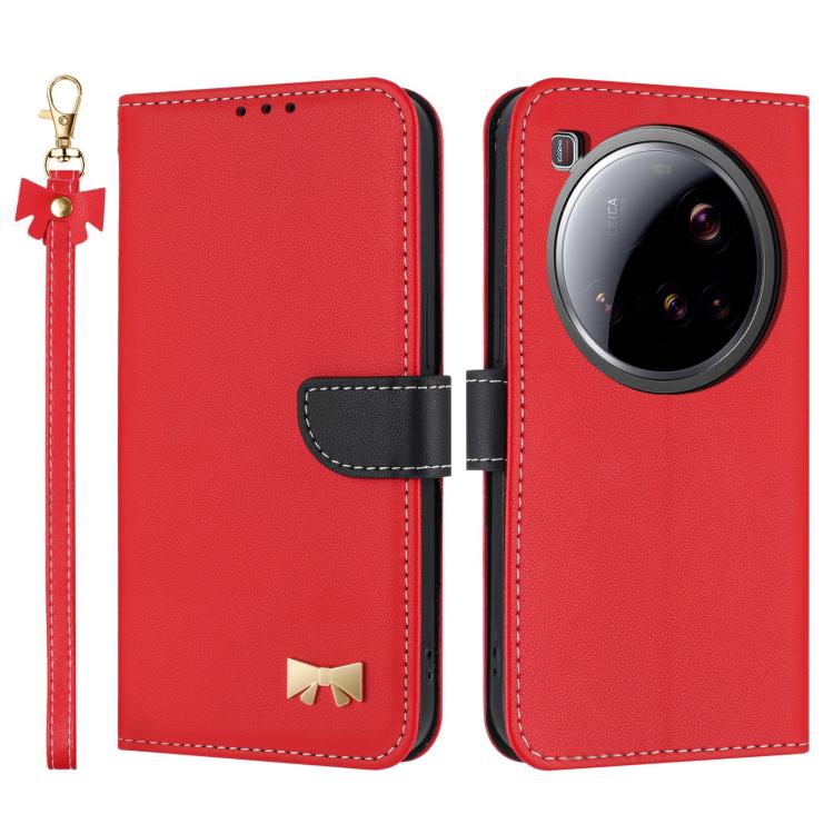 

For Xiaomi 15 Ultra Metal Bow Leather Phone Case with Hand Strap(Red)
