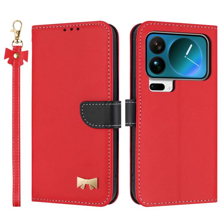 

For Xiaomi 17 Pro Max Metal Bow Leather Phone Case with Hand Strap(Red)