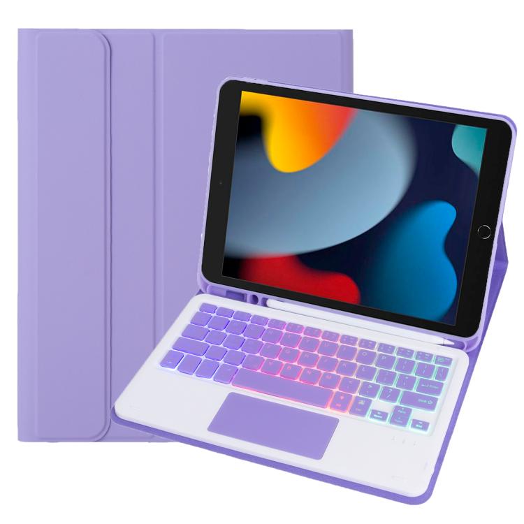 

For iPad 10.2 2021 / 2019 / Air 2019 A102B-AS Backlight Bluetooth Touch Keyboard Leather Tablet Case with Pen Slot(Purple)