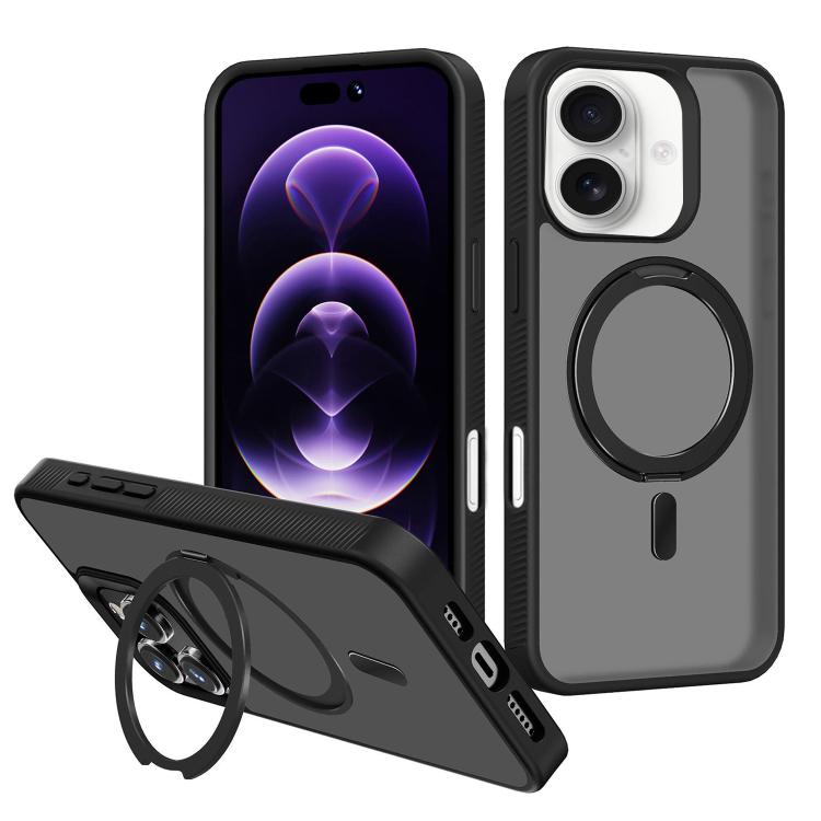

For iPhone 16 Kalebol Rotating Holder MagSafe PC Hybrid TPU Phone Case(Black)