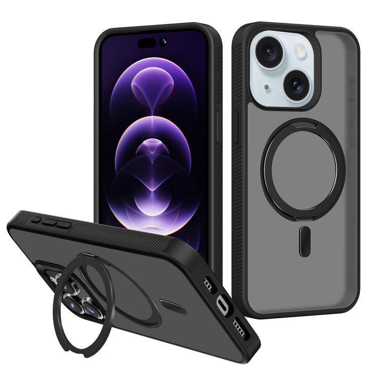 

For iPhone 15 Plus Kalebol Rotating Holder MagSafe PC Hybrid TPU Phone Case(Black)