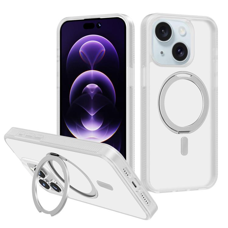 

For iPhone 14 Plus Kalebol Rotating Holder MagSafe PC Hybrid TPU Phone Case(White)