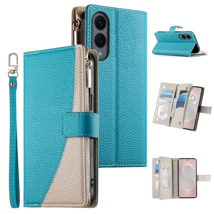 

For Samsung Galaxy S25 Edge 5G Stitching Multi-card Zipper Wallet Leather Phone Case with Short Strap(Blue)