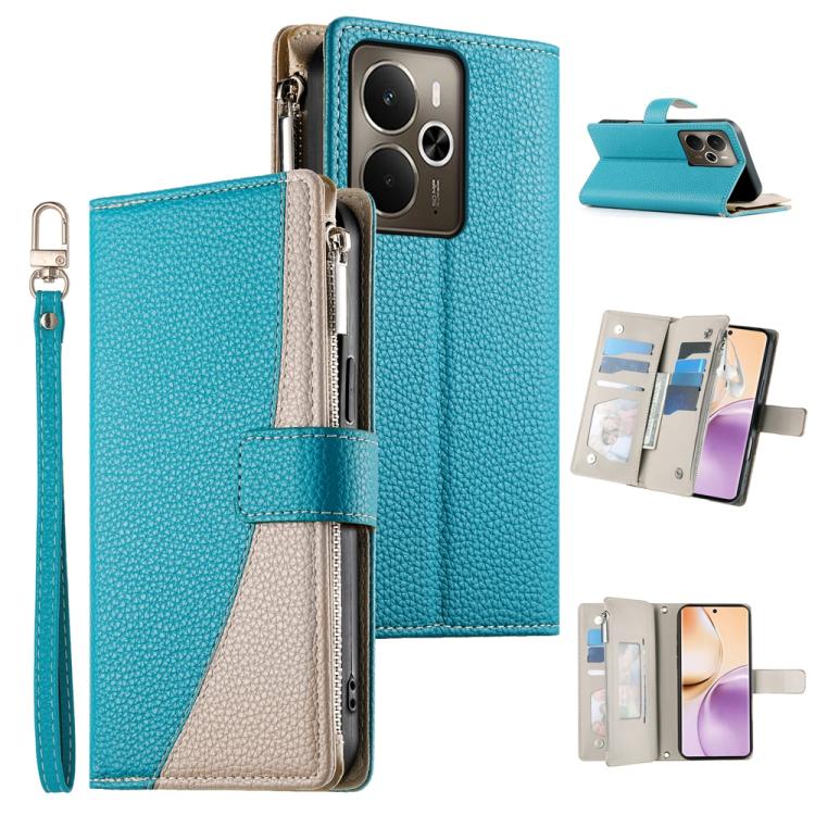 

For Realme 14 / Realme P3 5G Stitching Multi-card Zipper Wallet Leather Phone Case with Short Strap(Blue)