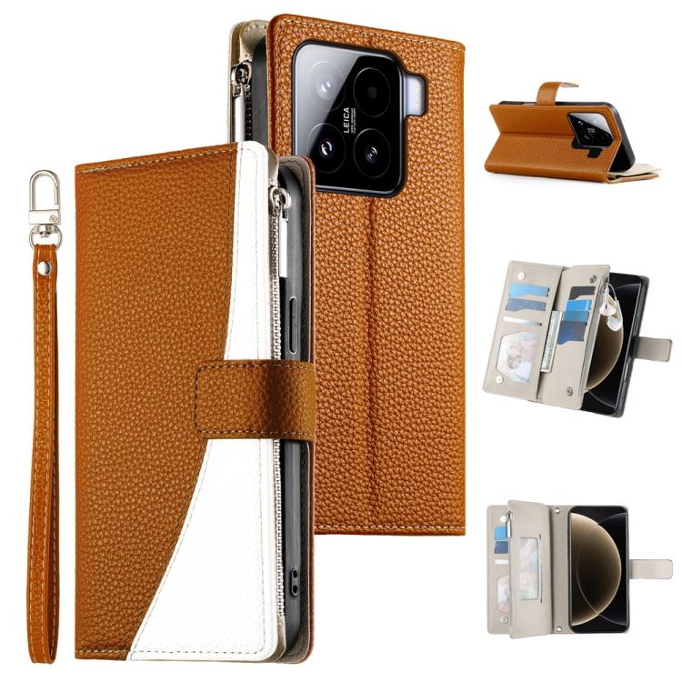 

For Xiaomi 15 Stitching Multi-card Zipper Wallet Leather Phone Case with Short Strap(Brown)