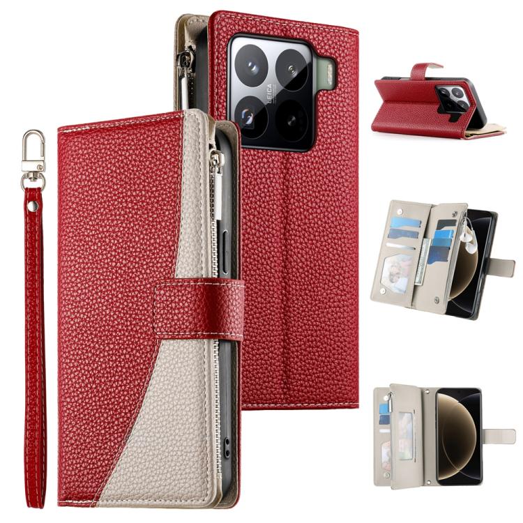 

For Xiaomi 15 Pro Stitching Multi-card Zipper Wallet Leather Phone Case with Short Strap(Red)