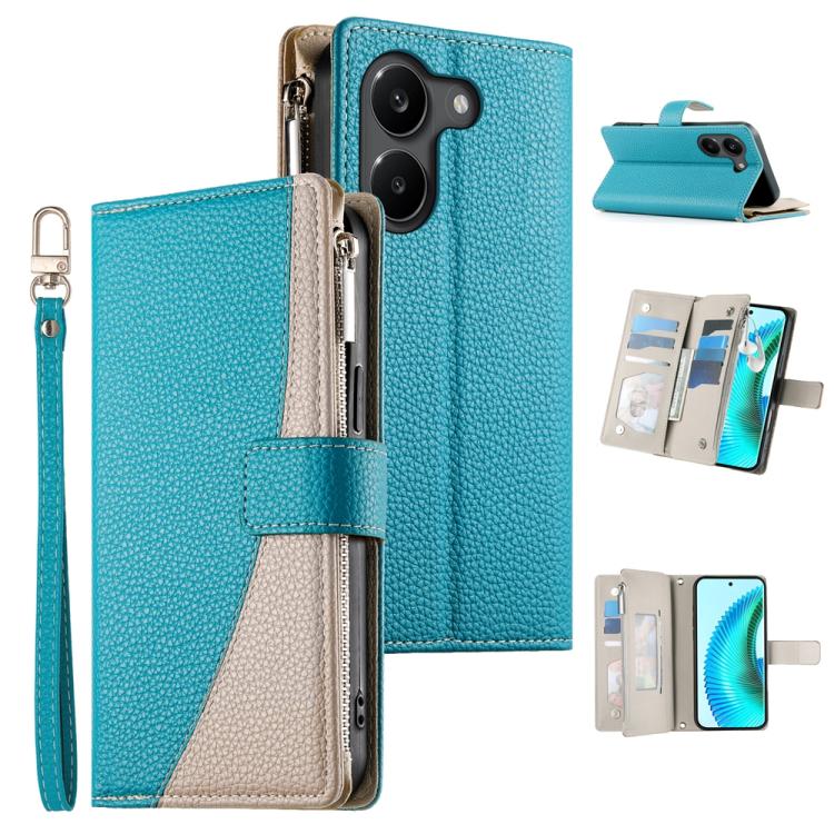 

For Xiaomi Poco X8 Pro 5G / Redmi Turbo 5 5G Stitching Multi-card Zipper Wallet Leather Phone Case with Short Strap(Blue)