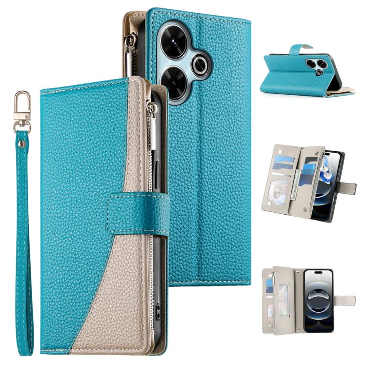 

For Redmi 13 4G / 5G / Xiaomi Poco M6 4G Stitching Multi-card Zipper Wallet Leather Phone Case with Short Strap(Blue)