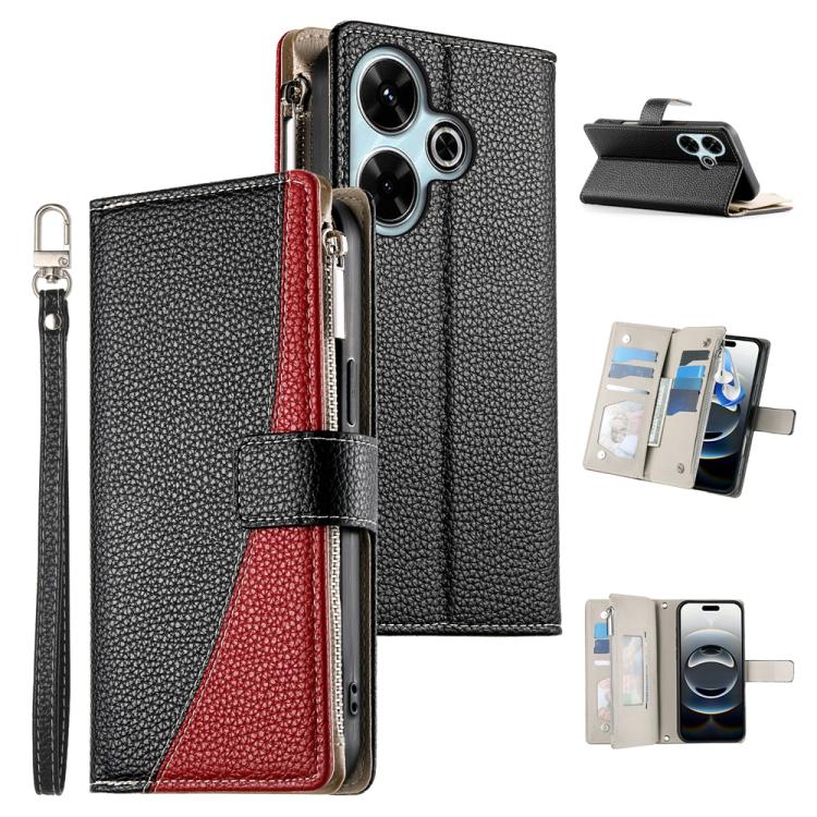 

For Redmi 13 4G / 5G / Xiaomi Poco M6 4G Stitching Multi-card Zipper Wallet Leather Phone Case with Short Strap(Black)
