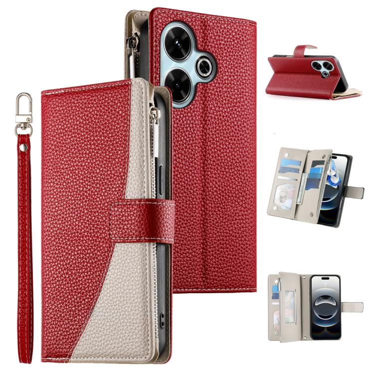 

For Redmi 13 4G / 5G / Xiaomi Poco M6 4G Stitching Multi-card Zipper Wallet Leather Phone Case with Short Strap(Red)