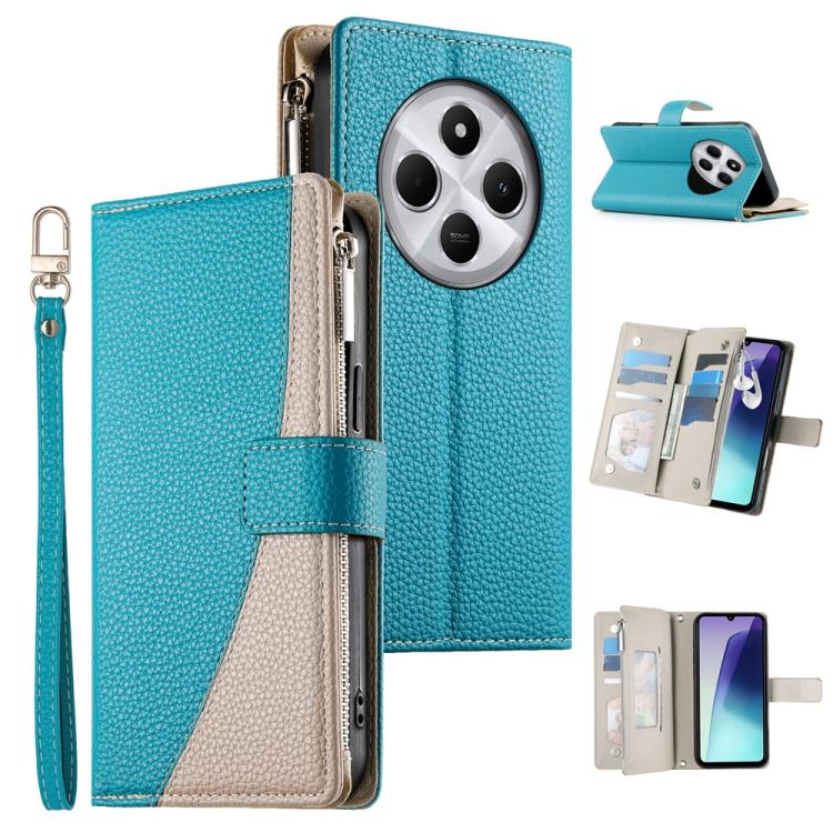

For Redmi 14C 4G / 14R / A4 5G / A3 Pro Stitching Multi-card Zipper Wallet Leather Phone Case with Short Strap(Blue)