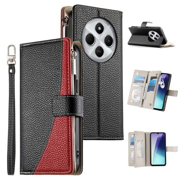 

For Redmi 14C 4G / 14R / A4 5G / A3 Pro Stitching Multi-card Zipper Wallet Leather Phone Case with Short Strap(Black)