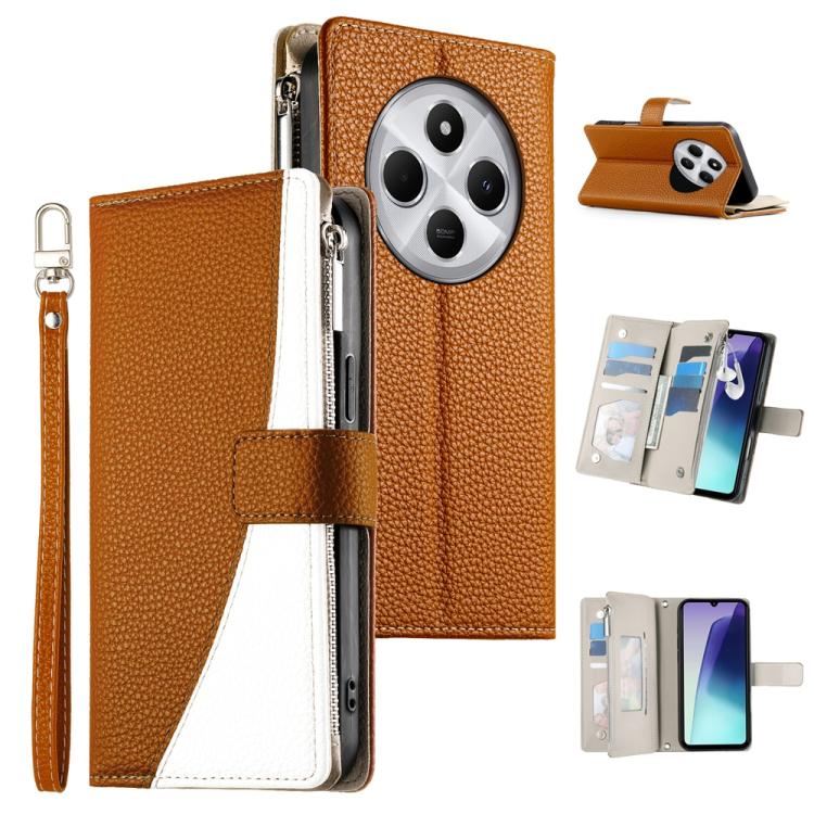 

For Redmi 14C 4G / 14R / A4 5G / A3 Pro Stitching Multi-card Zipper Wallet Leather Phone Case with Short Strap(Brown)