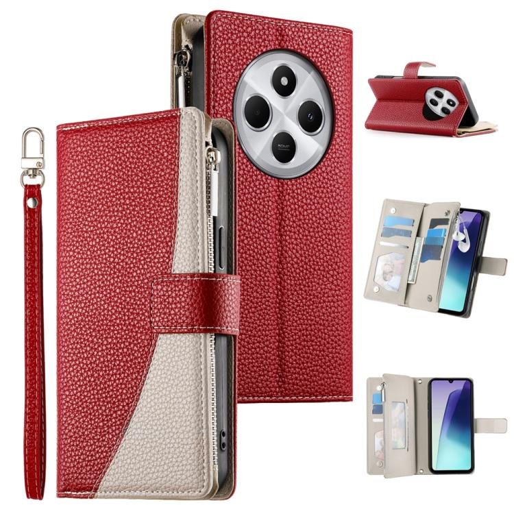 

For Redmi 14C 4G / 14R / A4 5G / A3 Pro Stitching Multi-card Zipper Wallet Leather Phone Case with Short Strap(Red)