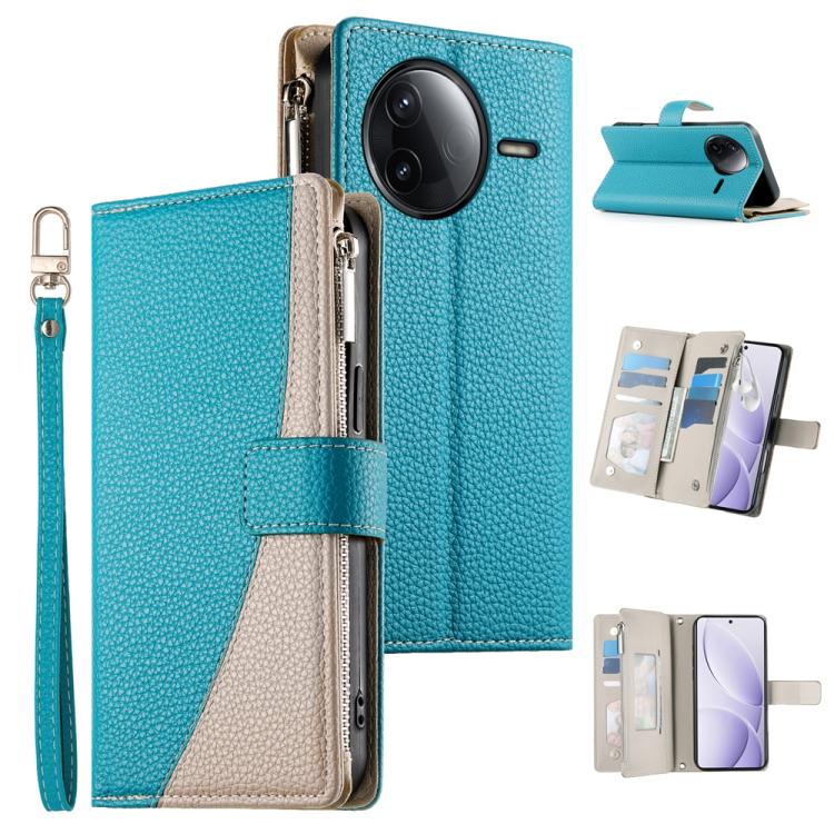 

For Redmi K80 / K80 Pro / Poco F7 Pro Stitching Multi-card Zipper Wallet Leather Phone Case with Short Strap(Blue)