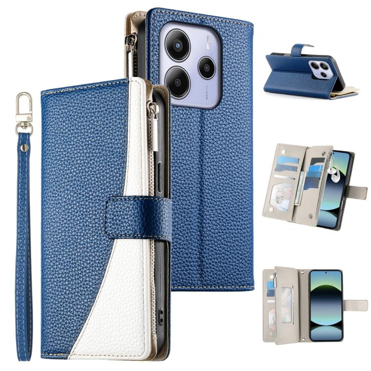 

For Redmi Note 14 4G 163.25mm Stitching Multi-card Zipper Wallet Leather Phone Case with Short Strap(Dark Blue)