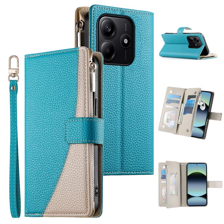 

For Redmi Note 14 5G Global Stitching Multi-card Zipper Wallet Leather Phone Case with Short Strap(Blue)