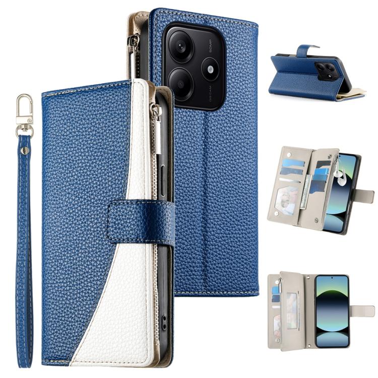 

For Redmi Note 14 5G Global Stitching Multi-card Zipper Wallet Leather Phone Case with Short Strap(Dark Blue)