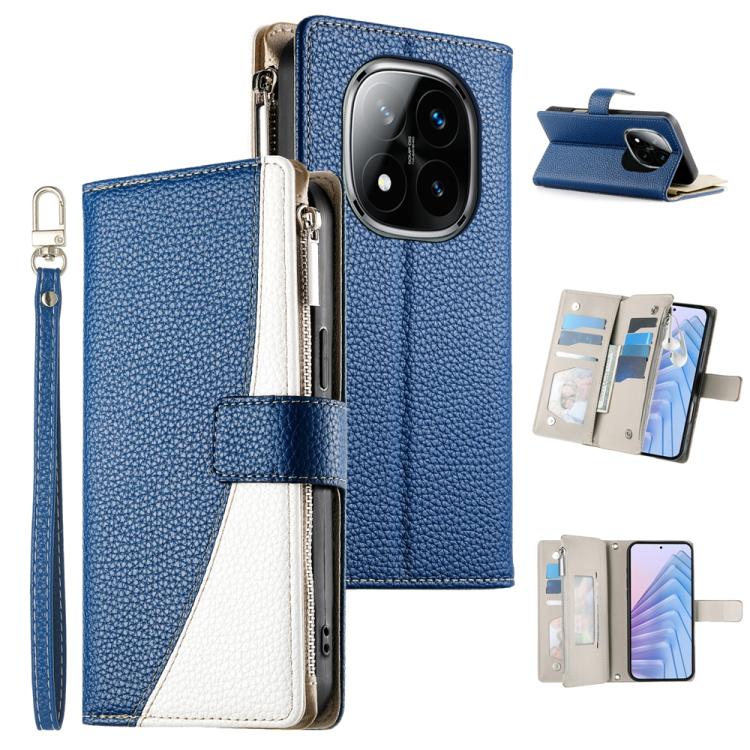 

For Redmi Note 14 Pro 4G Stitching Multi-card Zipper Wallet Leather Phone Case with Short Strap(Dark Blue)