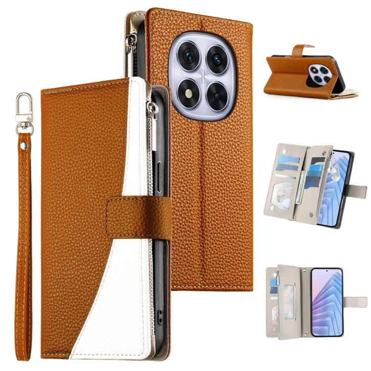 

For Redmi Note 14 Pro 5G / Note 14 Pro+ 5G Stitching Multi-card Zipper Wallet Leather Phone Case with Short Strap(Brown)