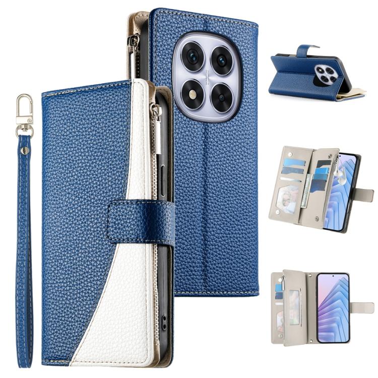 

For Redmi Note 14 Pro 5G / Note 14 Pro+ 5G Stitching Multi-card Zipper Wallet Leather Phone Case with Short Strap(Dark Blue)