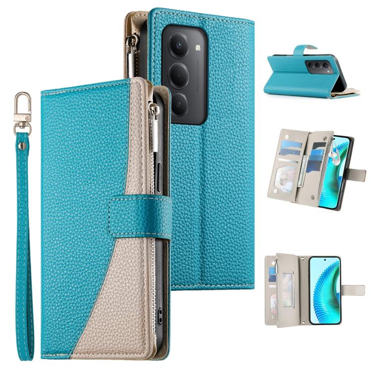 

For Redmi 15 5G Global / 15 4G SEA 169.5mm Stitching Multi-card Zipper Wallet Leather Phone Case with Short Strap(Blue)