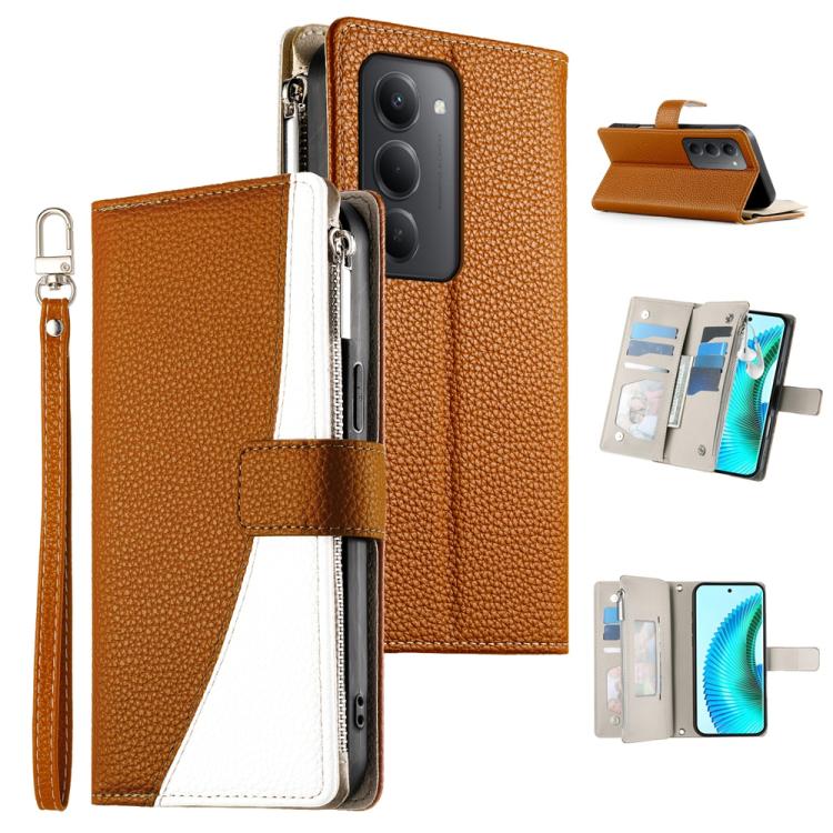 

For Redmi 15 5G Global / 15 4G SEA 169.5mm Stitching Multi-card Zipper Wallet Leather Phone Case with Short Strap(Brown)