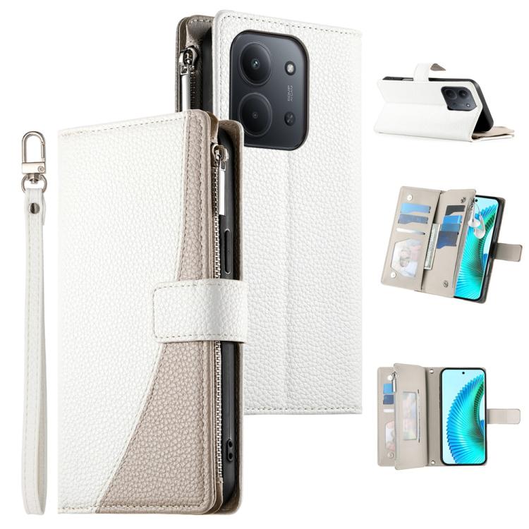 

For Redmi 15C 5G / 4G EU 173mm Stitching Multi-card Zipper Wallet Leather Phone Case with Short Strap(White)