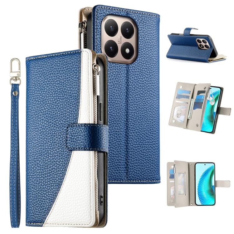 

For Xiaomi 15T 5G Stitching Multi-card Zipper Wallet Leather Phone Case with Short Strap(Dark Blue)