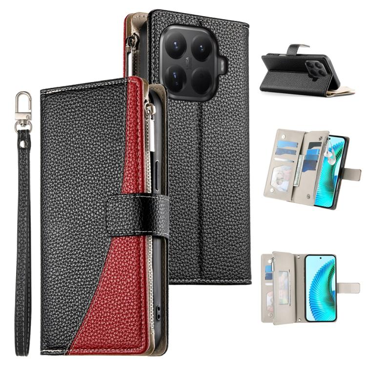 

For Xiaomi 15T Pro 5G Stitching Multi-card Zipper Wallet Leather Phone Case with Short Strap(Black)