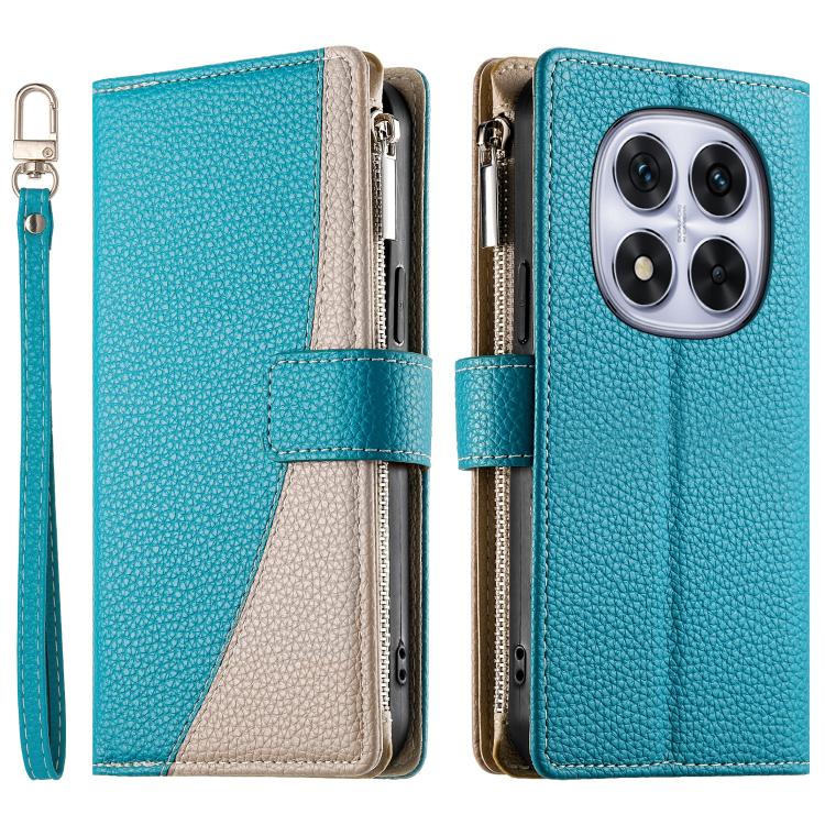 

For Redmi Note 15 Pro+ 5G 163.3mm / Poco M8 Pro 5G Stitching Multi-card Zipper Wallet Leather Phone Case with Short Strap(Blue)