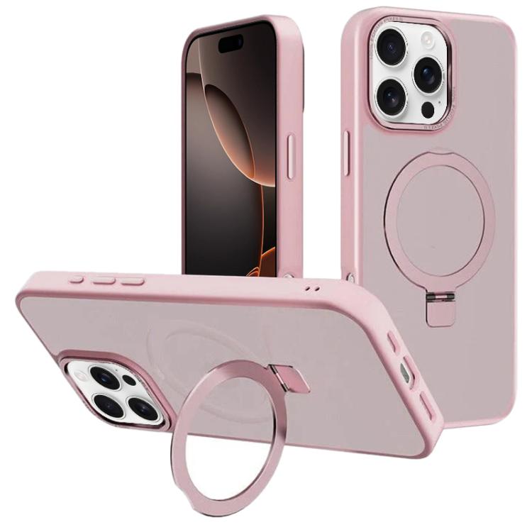 

For iPhone 16 Pro Max Kalebol Metal Lens Frame MagSafe Holder Frosted PC Phone Case(Pink)