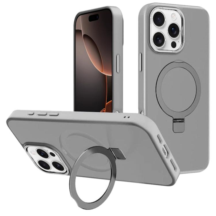 

For iPhone 16 Pro Kalebol Metal Lens Frame MagSafe Holder Frosted PC Phone Case(Grey)
