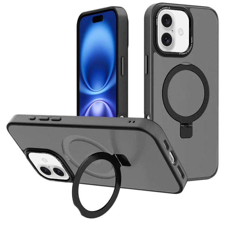 

For iPhone 16 Plus Kalebol Metal Lens Frame MagSafe Holder Frosted PC Phone Case(Black)