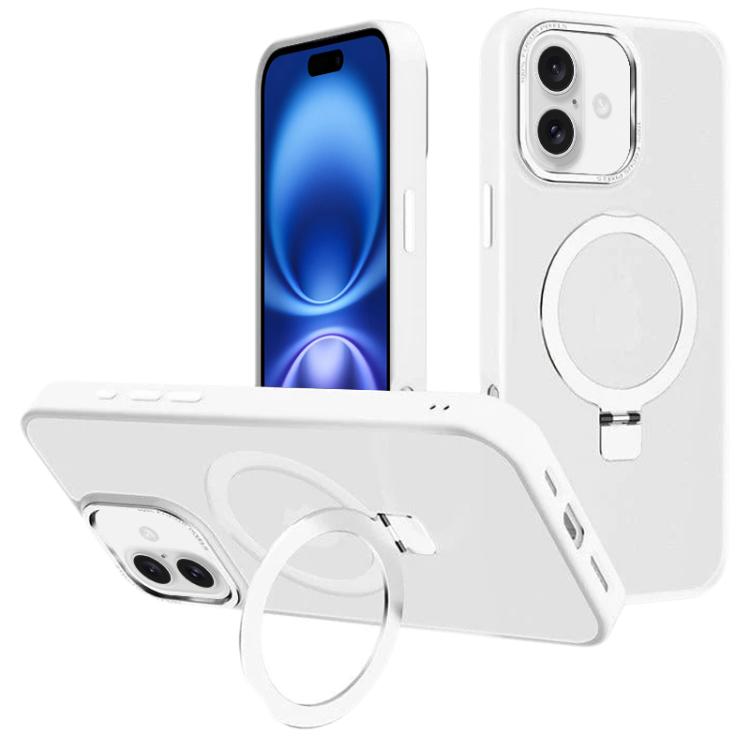 

For iPhone 16 Kalebol Metal Lens Frame MagSafe Holder Frosted PC Phone Case(Frosted White)