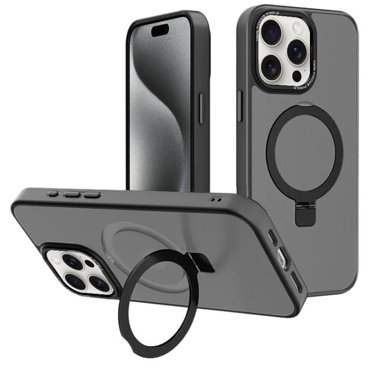 

For iPhone 15 Pro Kalebol Metal Lens Frame MagSafe Holder Frosted PC Phone Case(Black)