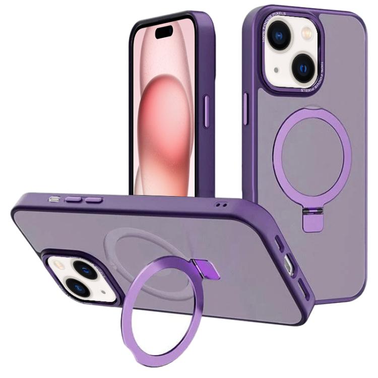 

For iPhone 15 Kalebol Metal Lens Frame MagSafe Holder Frosted PC Phone Case(Dark Purple)
