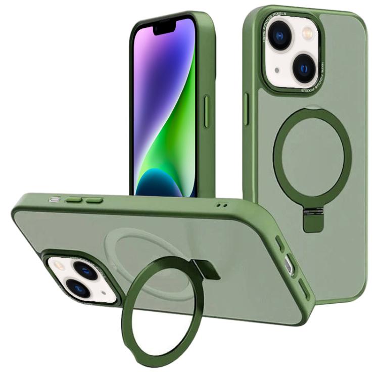 

For iPhone 14 Kalebol Metal Lens Frame MagSafe Holder Frosted PC Phone Case(Dark Green)