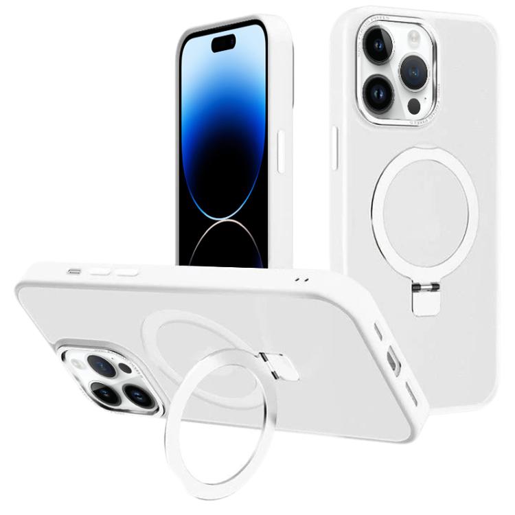 

For iPhone 14 Pro Max Kalebol Metal Lens Frame MagSafe Holder Frosted PC Phone Case(Frosted White)